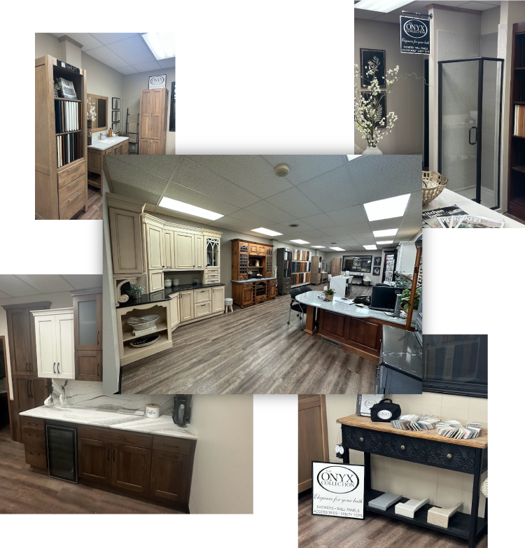 Collage of images of The Cabinet Shoppe showroom interior.