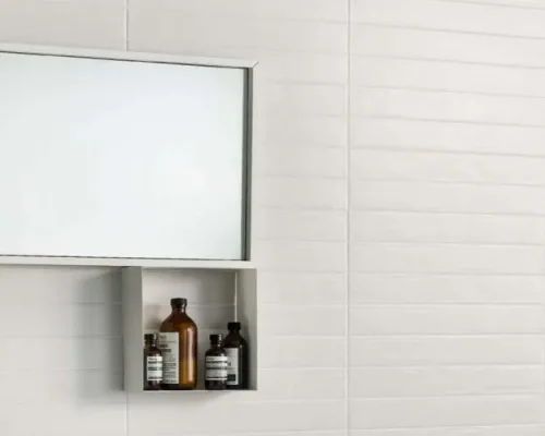 White brick wall backsplash.