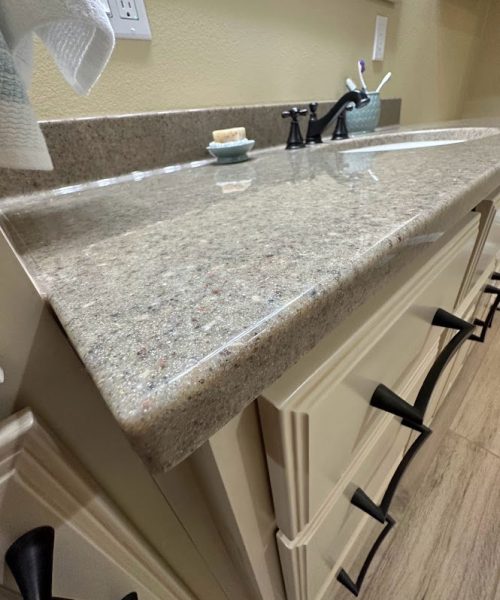 Closeup of a bathroom countertop.