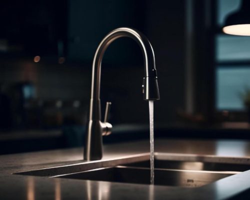 Modern silver kitchen faucet shown in low light.